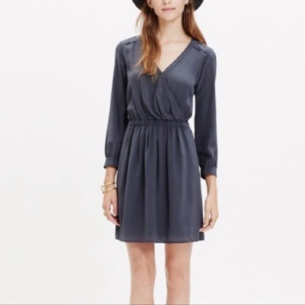 Madewell Silk Faux Wrap Dress Surplice Bracelet Sleeves Dark Gray